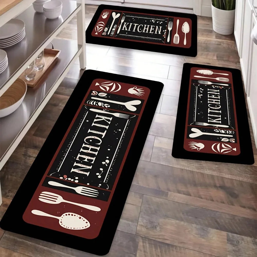 Tapis de Cuisine Motif Ustensiles "Bon Appétit" - Tapis Décoratif Polyester pour Salle à Manger