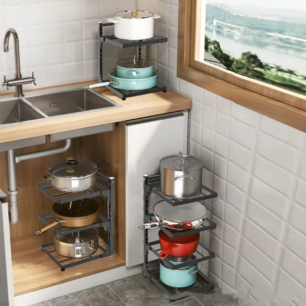 Support de Rangement Multicouche Réglable pour Casseroles - Organisateur Armoire Cuisine Noir