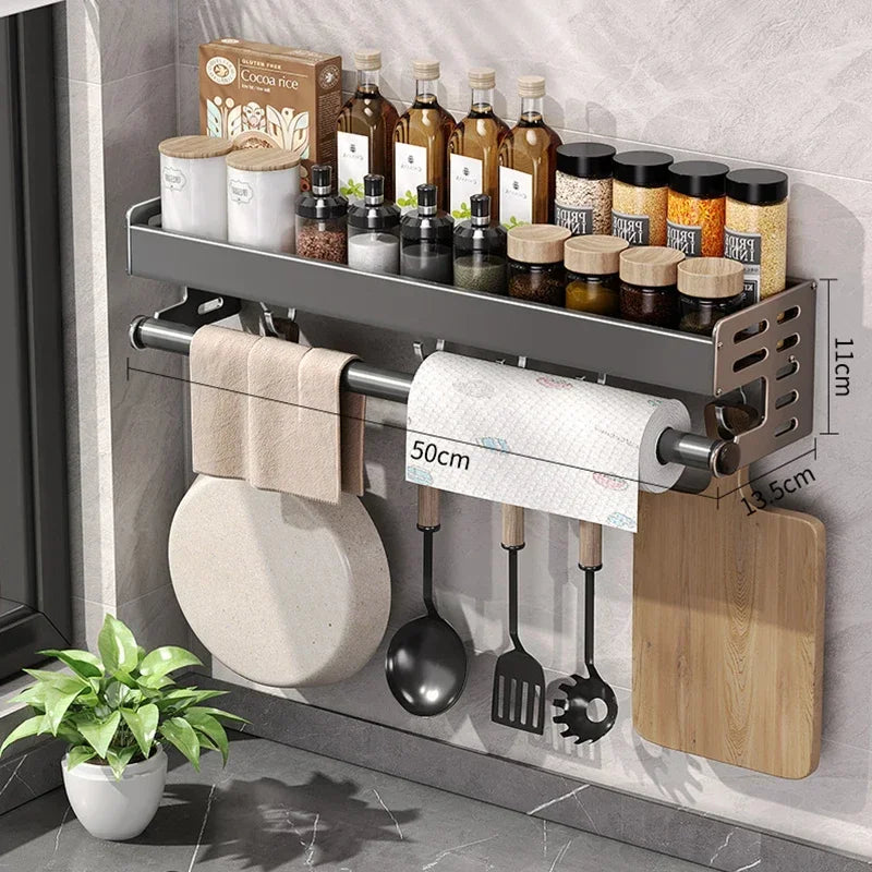 Élégant support mural pour condiments de cuisine avec boîte de rangement, étagère multifonctionnelle pour ustensiles de ménage avec distributeur d'huile et de vinaigre.