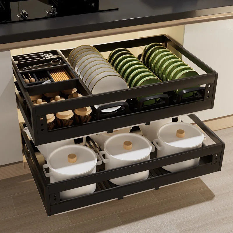 Panier Double Couche en Acier Inoxydable pour Armoire de Cuisine - Organisateur Coulissant XMSJ