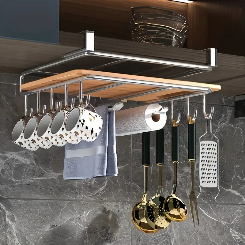 Étagère de Rangement Suspendue en Acier Inoxydable - Porte-Essuie-Tout Ustensiles et Planche à Découper