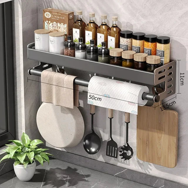 Support Mural pour Condiments 50cm - Étagère Multifonctionnelle avec Distributeur Huile Vinaigre Métal