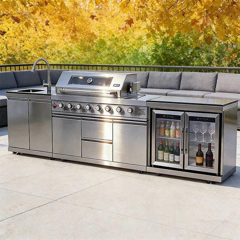 Armoire de Cuisine Extérieure Mobile en Acier Inoxydable 304 - Avec Grill, Plaque de Cuisson, Évier et Réfrigérateur sur Roulettes pour Patio Jardin - Cuisine Chez Nadine