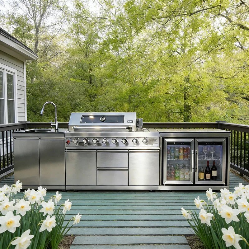 Armoire de Cuisine Extérieure Mobile en Acier Inoxydable 304 - Avec Grill, Plaque de Cuisson, Évier et Réfrigérateur sur Roulettes pour Patio Jardin - Cuisine Chez Nadine