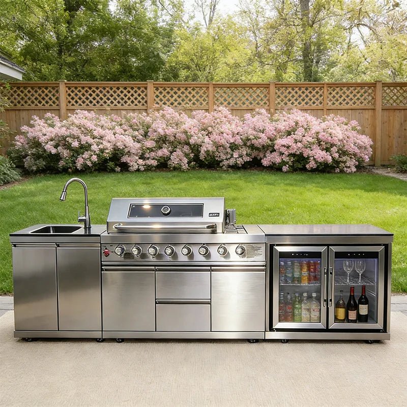 Armoire de Cuisine Extérieure Mobile en Acier Inoxydable 304 - Avec Grill, Plaque de Cuisson, Évier et Réfrigérateur sur Roulettes pour Patio Jardin - Cuisine Chez Nadine