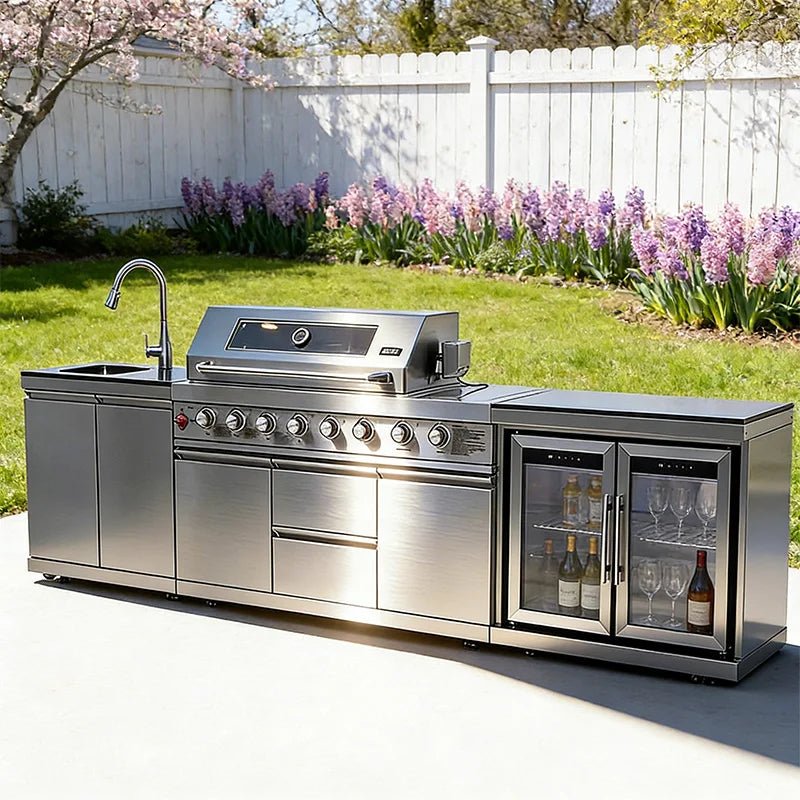 Armoire de Cuisine Extérieure Mobile en Acier Inoxydable 304 - Avec Grill, Plaque de Cuisson, Évier et Réfrigérateur sur Roulettes pour Patio Jardin - Cuisine Chez Nadine