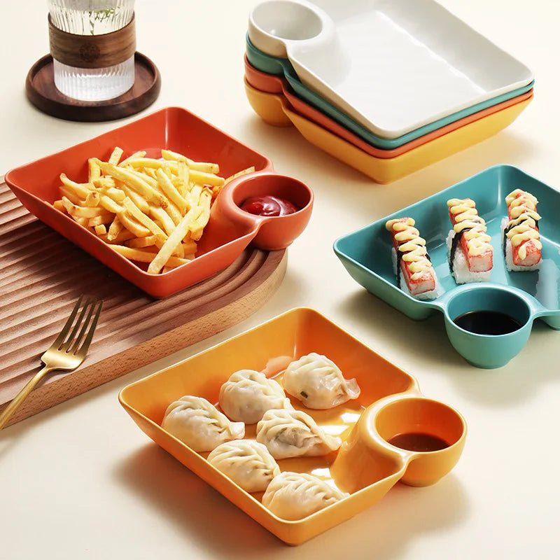 Assiette carrée avec compartiment à sauce - Plateau pour dumplings, sushis, fruits et desserts - Cuisine Chez Nadine