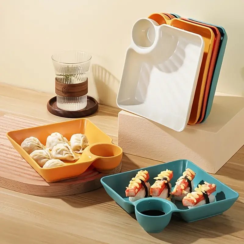 Assiette carrée avec compartiment à sauce - Plateau pour dumplings, sushis, fruits et desserts - Cuisine Chez Nadine