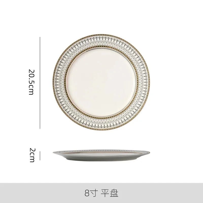 Assiette en céramique nordique avec bordure dorée - Motif géométrique pour cuisine occidentale et steaks - Cuisine Chez Nadine