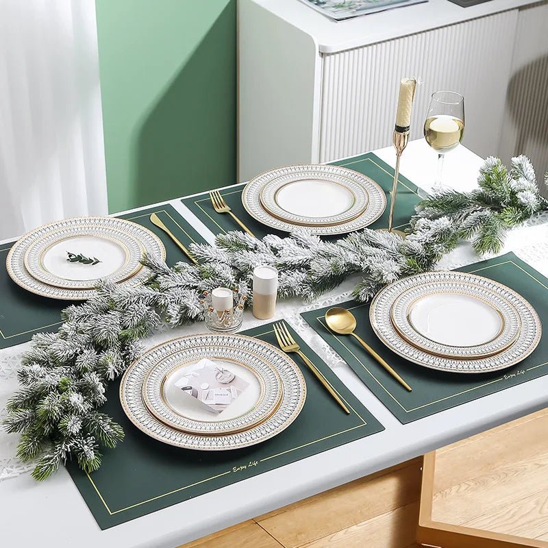 Assiette en céramique nordique avec bordure dorée - Motif géométrique pour cuisine occidentale et steaks - Cuisine Chez Nadine