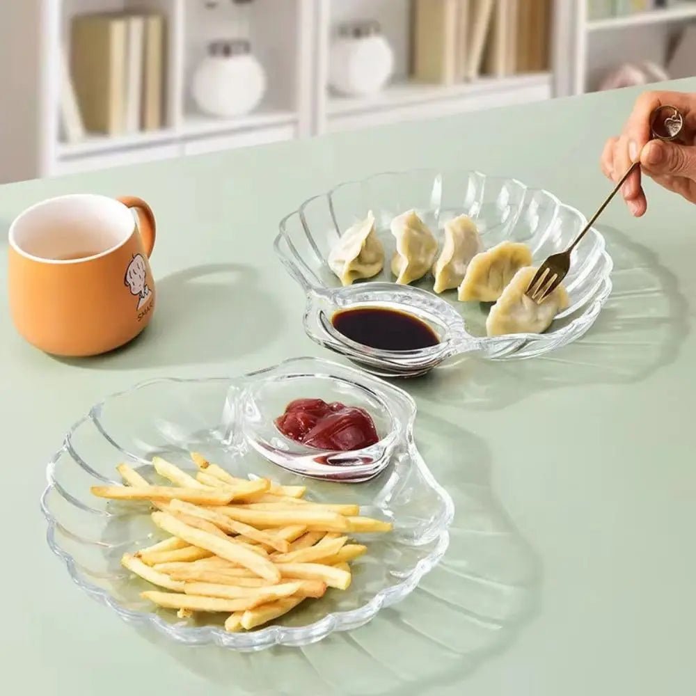 Assiette transparente en forme de coquillage - Plateau avec compartiment pour dumplings, sushis et fruits - Cuisine Chez Nadine