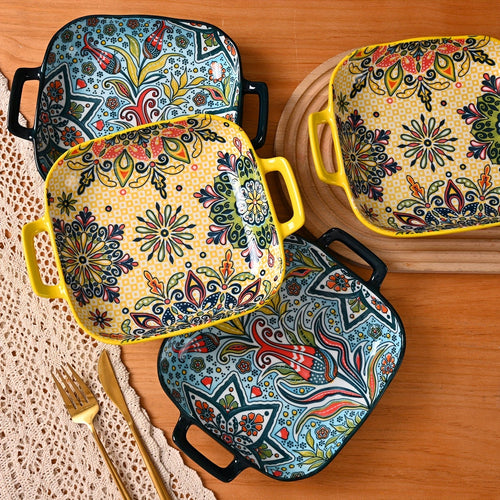 Assiettes carrées en céramique style bohème avec poignées - Ensemble de 1/2/4 - Cuisine Chez Nadine