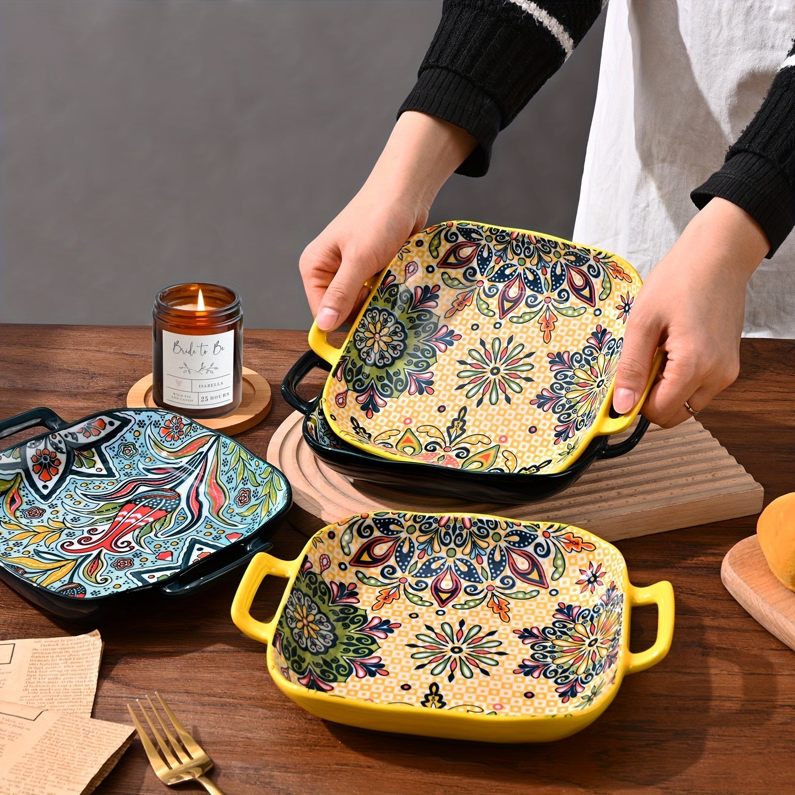 Assiettes carrées en céramique style bohème avec poignées - Ensemble de 1/2/4 - Cuisine Chez Nadine