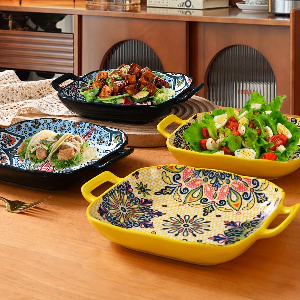 Assiettes carrées en céramique style bohème avec poignées - Ensemble de 1/2/4 - Cuisine Chez Nadine