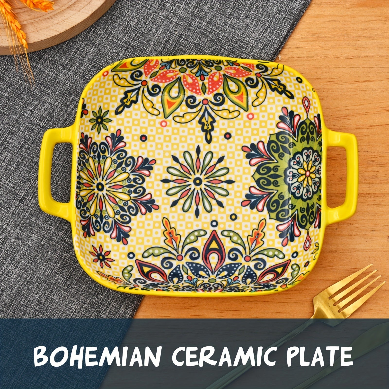 Assiettes carrées en céramique style bohème avec poignées - Ensemble de 1/2/4 - Cuisine Chez Nadine
