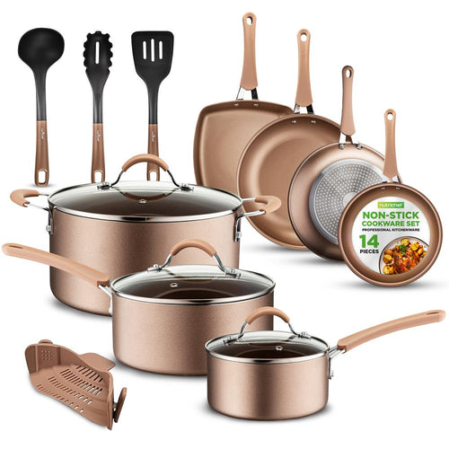 Batterie de cuisine NUTRICHEF 14 pièces en cuivre avec revêtement antiadhésif doré - Cuisine Chez Nadine