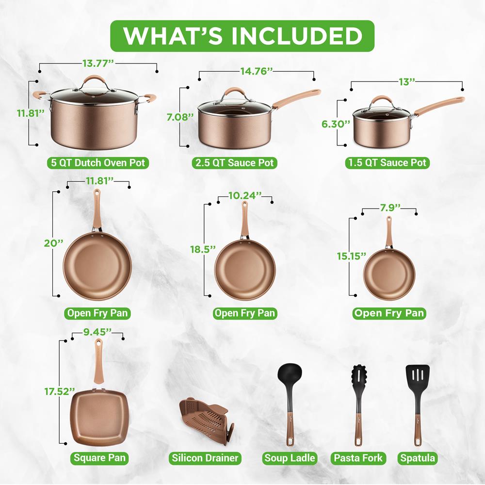 Batterie de cuisine NUTRICHEF 14 pièces en cuivre avec revêtement antiadhésif doré - Cuisine Chez Nadine