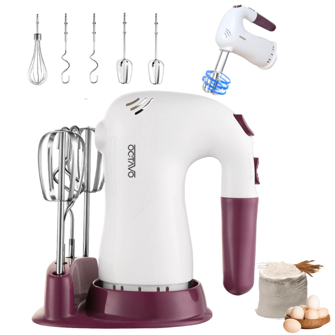 Batteur Électrique 400W avec Support Rangement - 5 Vitesses Turbo Boost Contrôle Automatique - 5 Accessoires Inox pour Crème Gâteau - Cuisine Chez Nadine