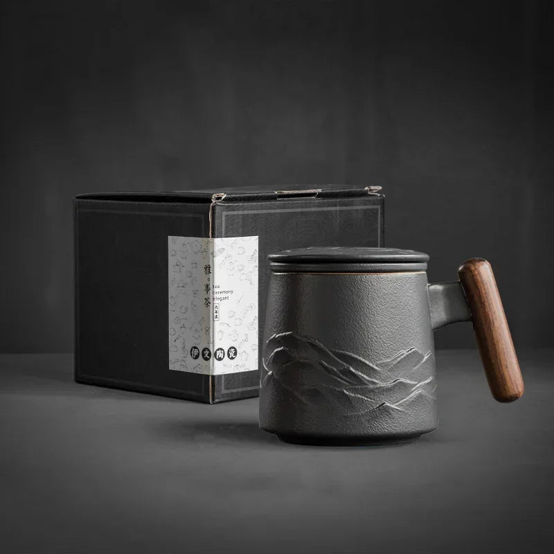 Belle Tasse à Thé Céramique Vintage Café Bière Grande avec Infuseur Couvercle Poignée Bois Cadeau Personnalisé - Cuisine Chez Nadine