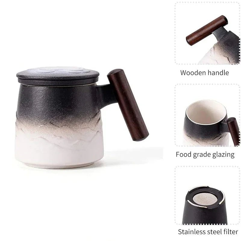 Belle Tasse à Thé Céramique Vintage Café Bière Grande avec Infuseur Couvercle Poignée Bois Cadeau Personnalisé - Cuisine Chez Nadine