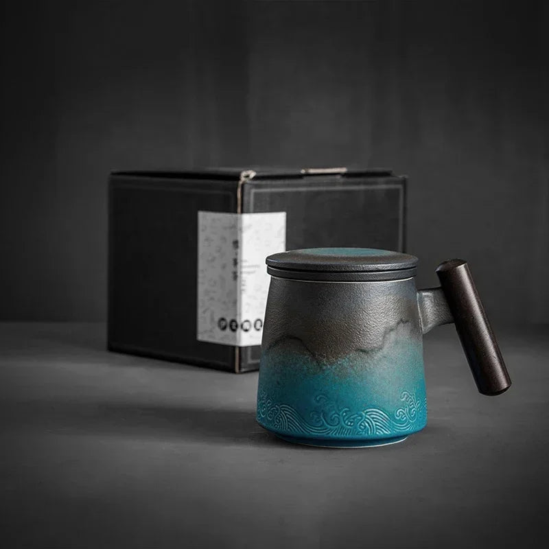 Belle Tasse à Thé Céramique Vintage Café Bière Grande avec Infuseur Couvercle Poignée Bois Cadeau Personnalisé - Cuisine Chez Nadine
