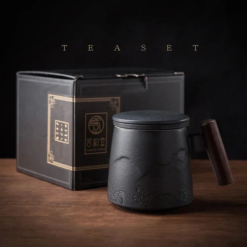 Belle Tasse à Thé Céramique Vintage Café Bière Grande avec Infuseur Couvercle Poignée Bois Cadeau Personnalisé - Cuisine Chez Nadine