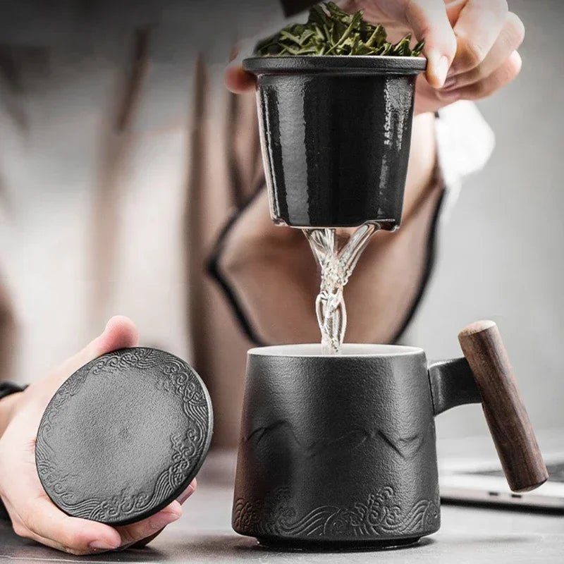 Belle Tasse à Thé Céramique Vintage Café Bière Grande avec Infuseur Couvercle Poignée Bois Cadeau Personnalisé - Cuisine Chez Nadine