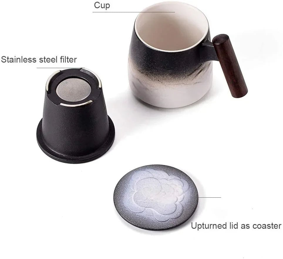 Belle Tasse à Thé Céramique Vintage Café Bière Grande avec Infuseur Couvercle Poignée Bois Cadeau Personnalisé - Cuisine Chez Nadine