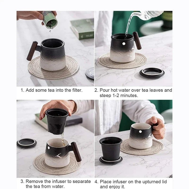 Belle Tasse à Thé Céramique Vintage Café Bière Grande avec Infuseur Couvercle Poignée Bois Cadeau Personnalisé - Cuisine Chez Nadine