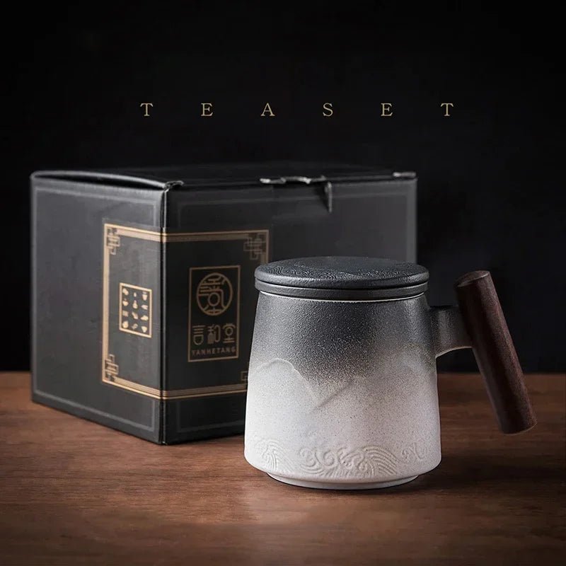 Belle Tasse à Thé Céramique Vintage Café Bière Grande avec Infuseur Couvercle Poignée Bois Cadeau Personnalisé - Cuisine Chez Nadine