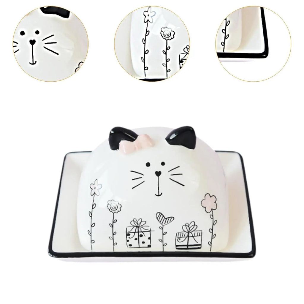 Beurrier en porcelaine avec couvercle motif chat - Porte - beurre en céramique pour comptoir, table et réfrigérateur - Cuisine Chez Nadine