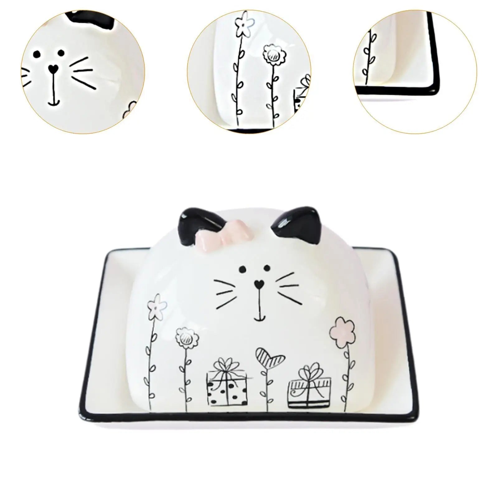 Beurrier en porcelaine avec couvercle motif chat - Porte - beurre en céramique pour comptoir, table et réfrigérateur - Cuisine Chez Nadine