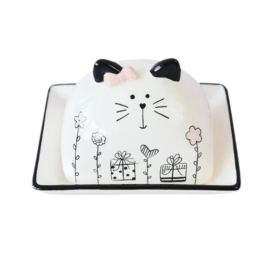 Beurrier en porcelaine avec couvercle motif chat - Porte - beurre en céramique pour comptoir, table et réfrigérateur - Cuisine Chez Nadine