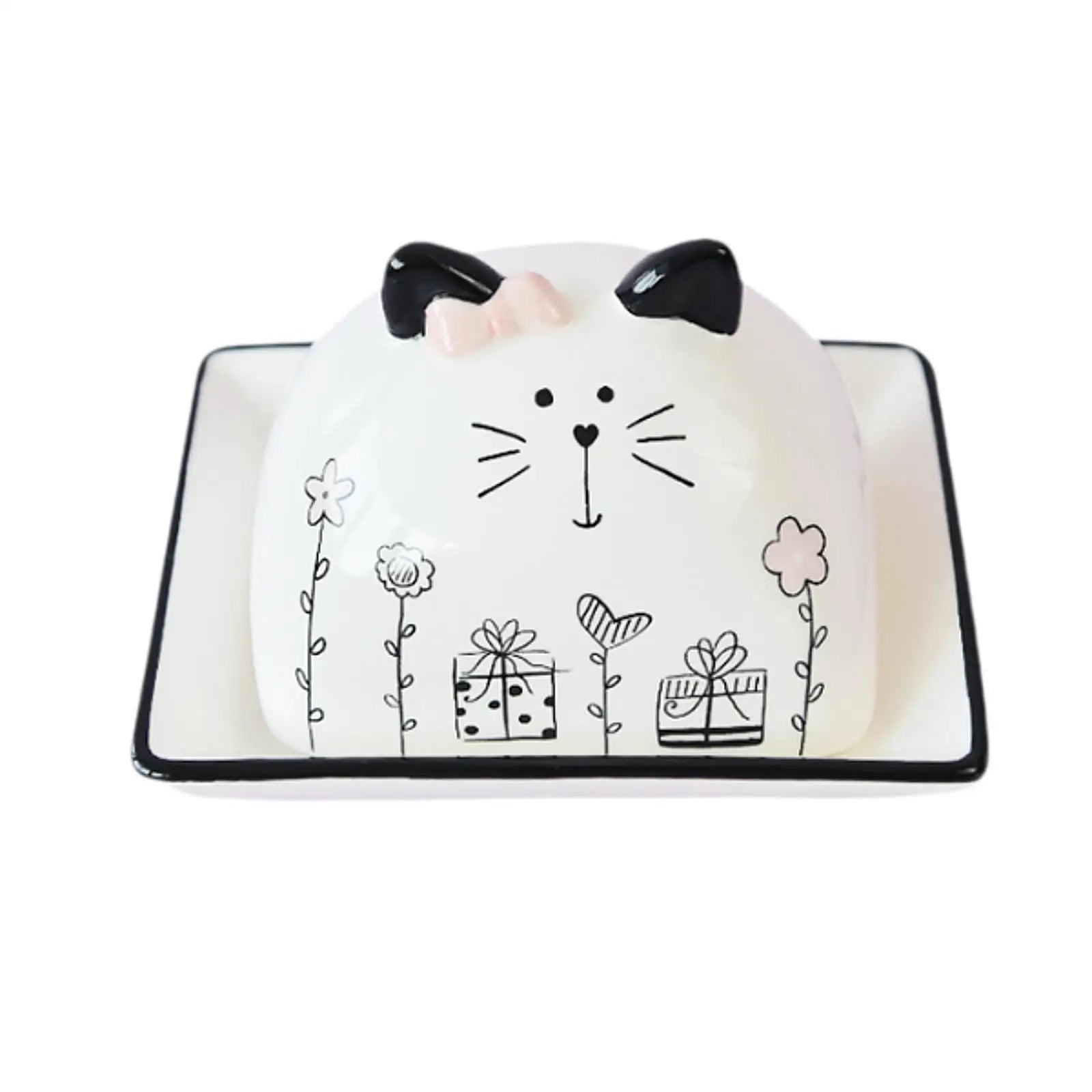 Beurrier en porcelaine avec couvercle motif chat - Porte - beurre en céramique pour comptoir, table et réfrigérateur - Cuisine Chez Nadine