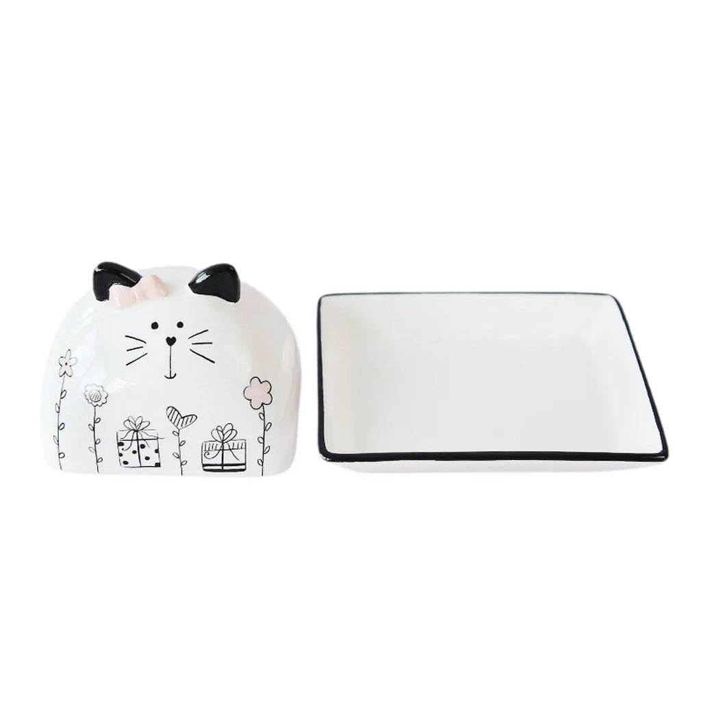 Beurrier en porcelaine avec couvercle motif chat - Porte - beurre en céramique pour comptoir, table et réfrigérateur - Cuisine Chez Nadine