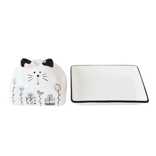 Beurrier en porcelaine avec couvercle motif chat - Porte - beurre en céramique pour comptoir, table et réfrigérateur - Cuisine Chez Nadine