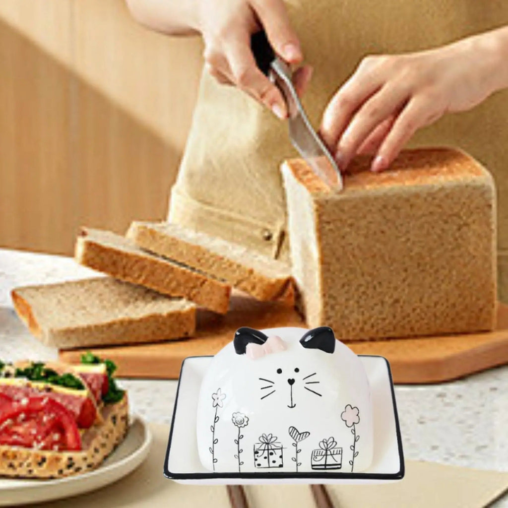 Beurrier en porcelaine avec couvercle motif chat - Porte - beurre en céramique pour comptoir, table et réfrigérateur - Cuisine Chez Nadine