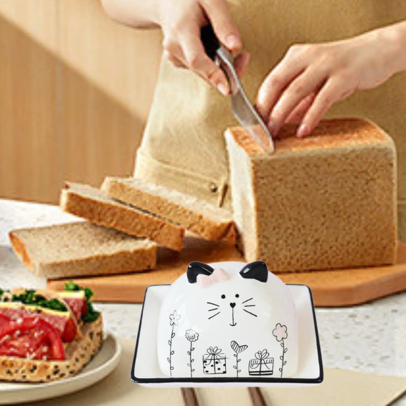 Beurrier en porcelaine avec couvercle motif chat - Porte - beurre en céramique pour comptoir, table et réfrigérateur - Cuisine Chez Nadine