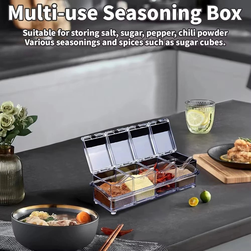 Boîte à Épices en Acrylique avec 4 Cuillères - Ensemble Pots à Condiments et Assaisonnements pour Cuisine - Cuisine Chez Nadine