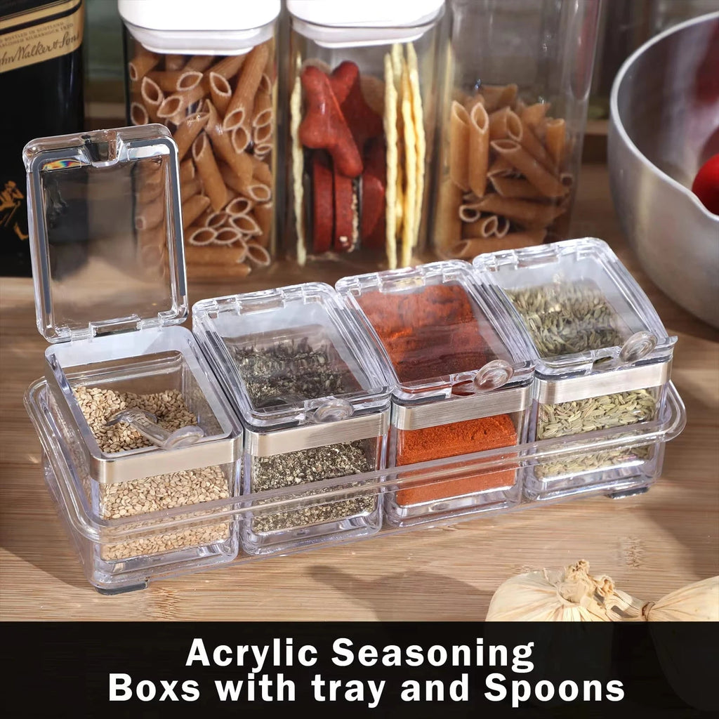 Boîte à Épices en Acrylique avec 4 Cuillères - Ensemble Pots à Condiments et Assaisonnements pour Cuisine - Cuisine Chez Nadine
