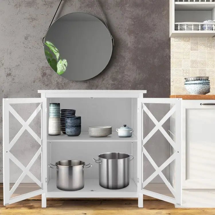 Buffet à étagères réglables pour cuisine, porte en verre trempé et rangements inclus. - Cuisine Chez Nadine