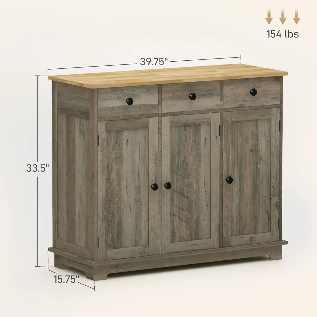 Buffet de cuisine 40 pouces avec plusieurs tiroirs et étagère réglable, gris vieilli - Cuisine Chez Nadine