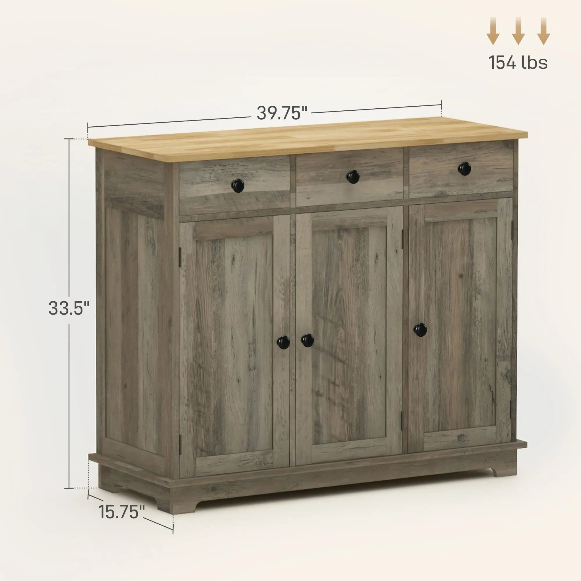 Buffet de cuisine 40 pouces avec plusieurs tiroirs et étagère réglable, gris vieilli - Cuisine Chez Nadine