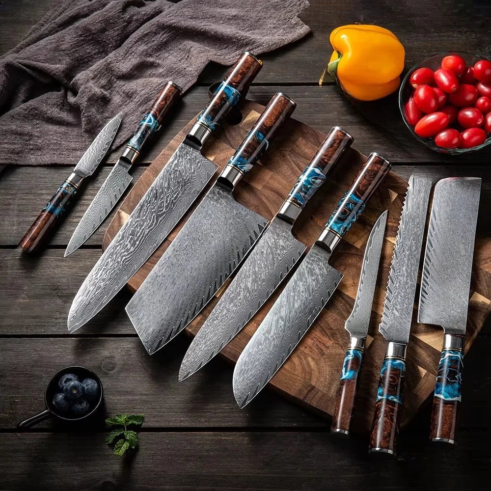 Couteau de Cuisine en Acier Damas 67 Couches – Lame Japonaise Artisanale, 8 Modèles au Choix - Cuisine Chez Nadine