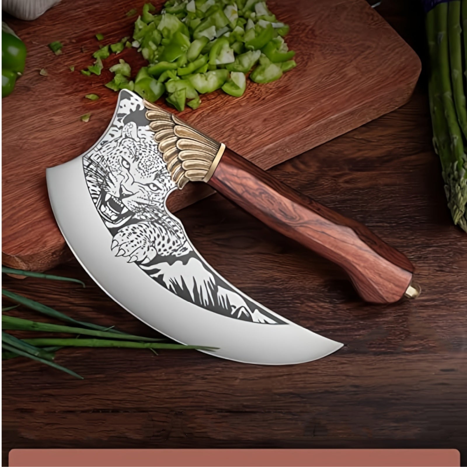 Couteau Pizza Hachoir 9 Pouces Acier Carbone - Manche Bois de Rose avec Étui et Boîte - Couperet Balançoire Viande Légumes - Cuisine Chez Nadine