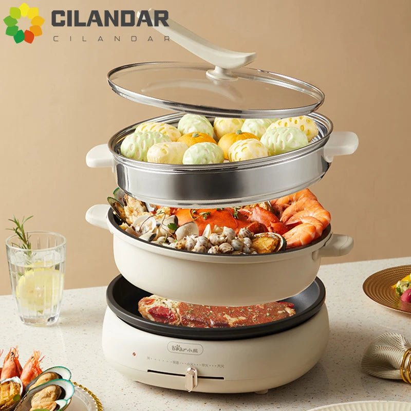 Cuiseur Électrique Multifonction 1500W - Hot Pot et Cuiseur Vapeur 2 - en - 1 avec Poêle Antiadhésive pour Maison - Cuisine Chez Nadine