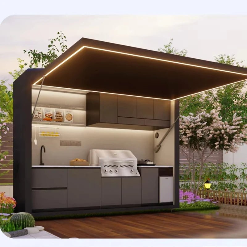 Cuisine de Jardin Personnalisée - Armoires Modulaires avec Île Grill, Boîtier Aluminium et Éclairage LED - Cuisine Chez Nadine