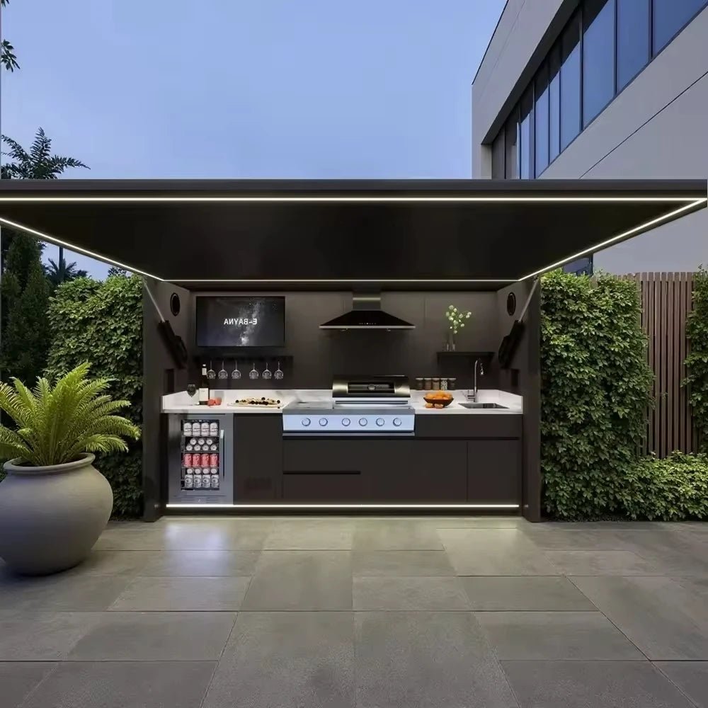 Cuisine de Jardin Personnalisée - Armoires Modulaires avec Île Grill, Boîtier Aluminium et Éclairage LED - Cuisine Chez Nadine