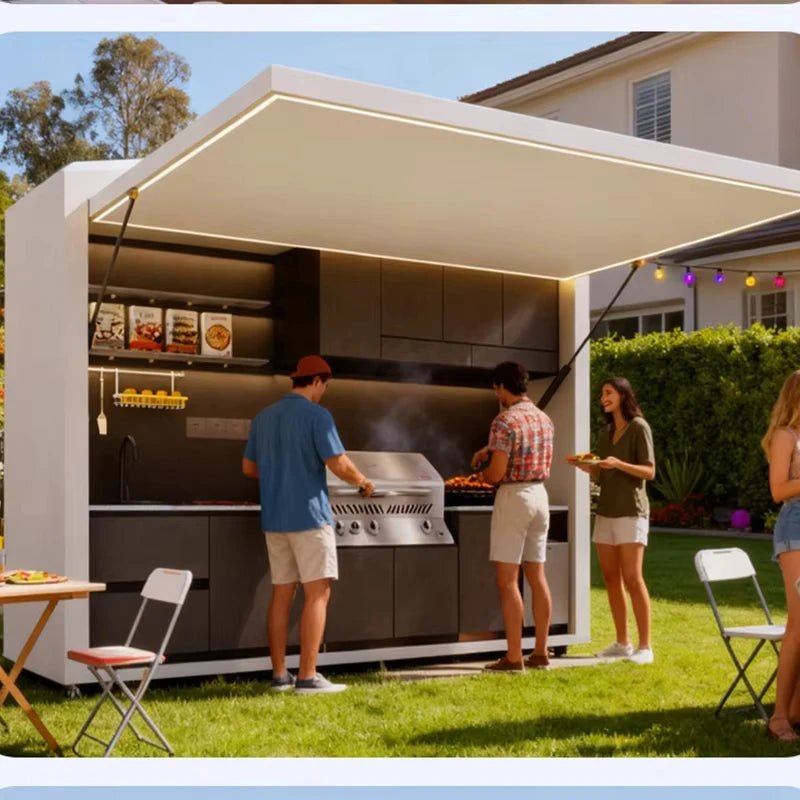 Cuisine de Jardin Personnalisée - Armoires Modulaires avec Île Grill, Boîtier Aluminium et Éclairage LED - Cuisine Chez Nadine