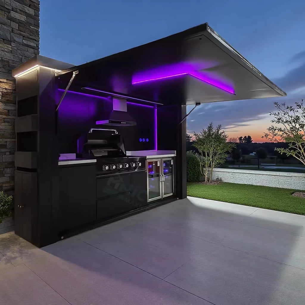 Cuisine de Jardin Personnalisée - Armoires Modulaires avec Île Grill, Boîtier Aluminium et Éclairage LED - Cuisine Chez Nadine